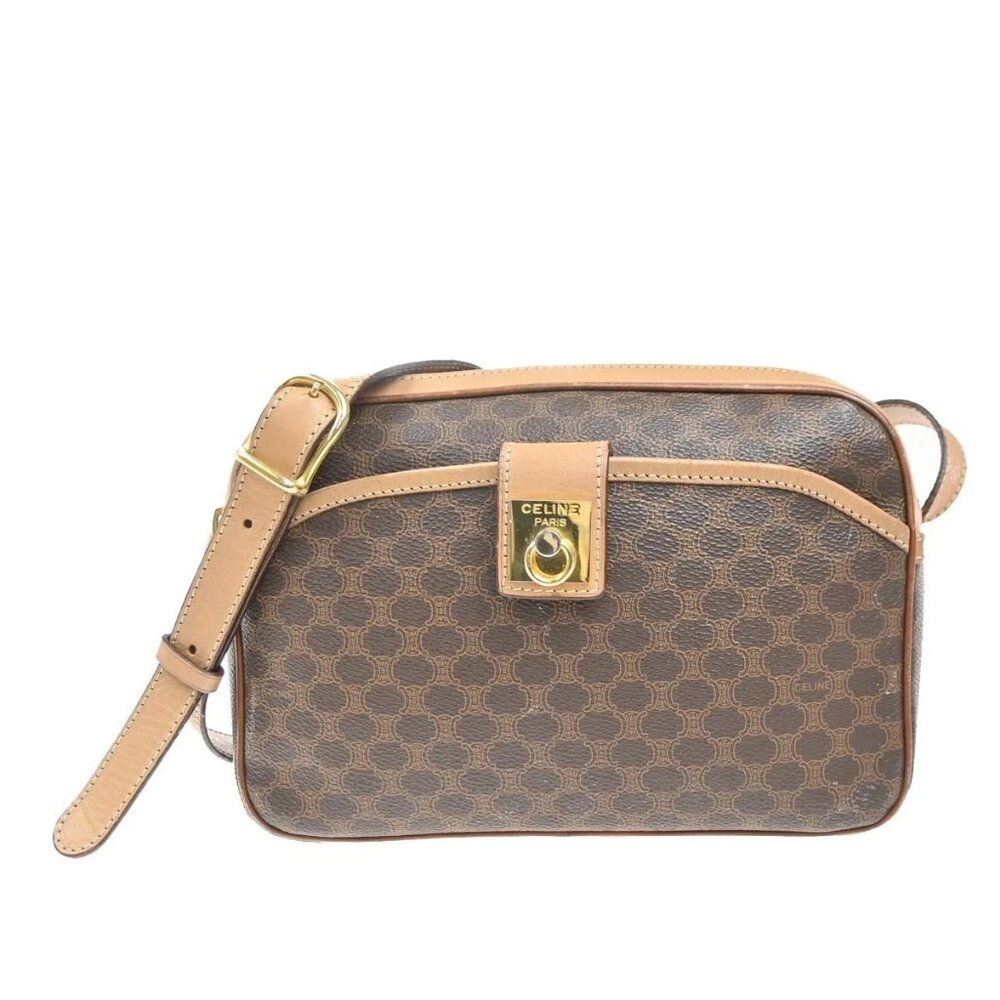 CELINE Logo Macadam Pattern Shoulder Bag PVC Leather Brown Italy GHW 31MA302